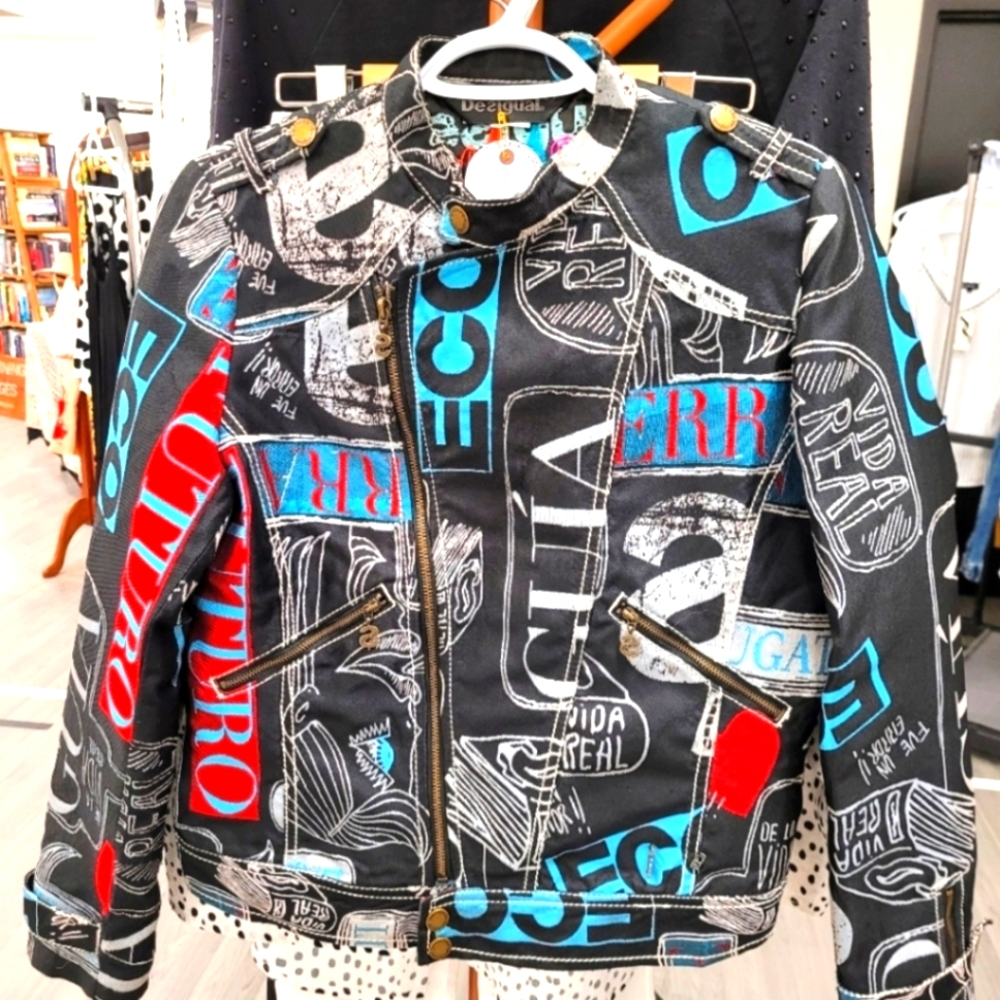 Desigual Black and Red Jean Jacket Urban Graffiti Style